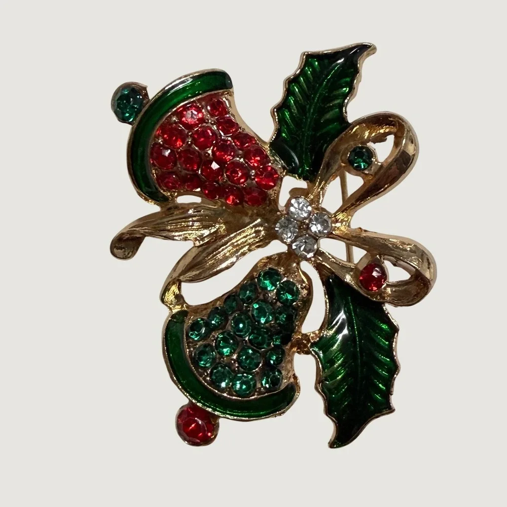 Christmas Bells Brooch Pin - Red & Green Rhinestone Holiday Jewelry